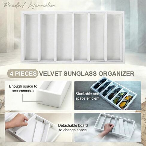 4 Pack Velvet Sunglasses Organizer Tray, 6 Grid Eyeglass Storage Display Case, Stackable MDF Drawer Organizer for Glasses, Jewelry, Watch, Cosmetics (Beige) in Saudi Arabia