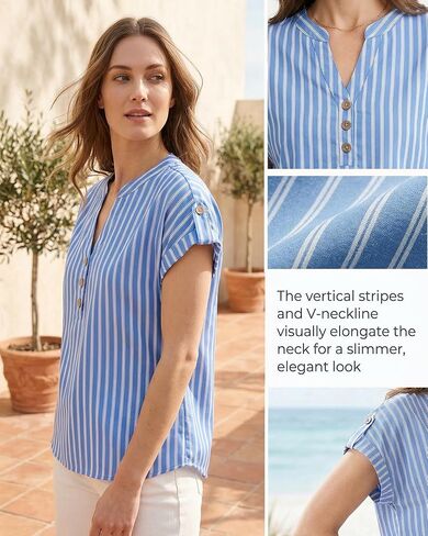 CUPSHE Stripe Shirts for Women Button Down Cap Sleeve Work Tops V Neck Collar Blouses Business Casual Outfits in Kuwait