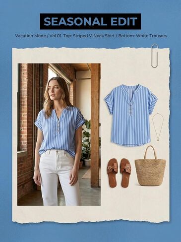 CUPSHE Stripe Shirts for Women Button Down Cap Sleeve Work Tops V Neck Collar Blouses Business Casual Outfits in Kuwait