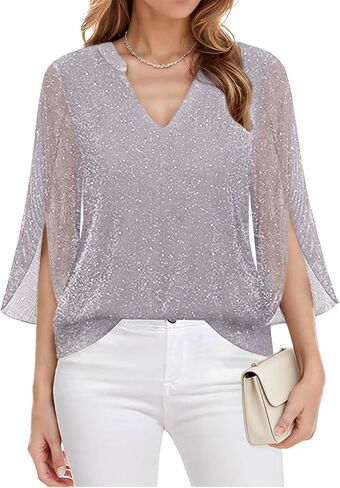 Ruffle 3/4 Sleeve Sparkly Tops for Women, Sequin V Neck Blouses Elegant Dressy Casual Tunic Evening Party in Saudi Arabia