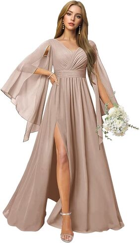 Long Sleeve Bridesmaid Dress Chiffon Ruched V-Neck A-Line Zipper Formal Evening Gowns with Side Slit for Wedding in Saudi Arabia