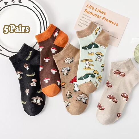 Funny Mushroom Socks for Women Girls, 5 Pairs Cute & Fun Ankle Socks Cotton Low Cut Womens Socks, Novelty Gifts for Mom Daughter in Saudi Arabia