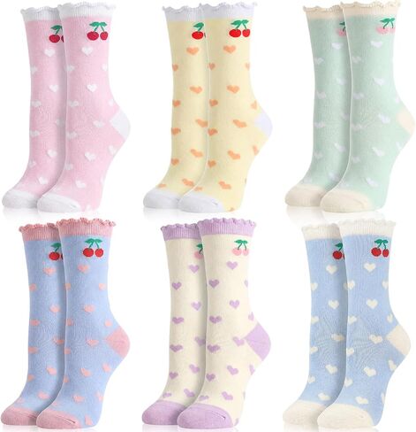 Glitopper 6 Pairs Cute Ruffle Fruit Socks Novelty Cherry and Heart Design Colorful Turn-cuff Frilly Trim Crew Cotton Funny Patterns Dress Socks for Women Ladies Family Friends in Kuwait