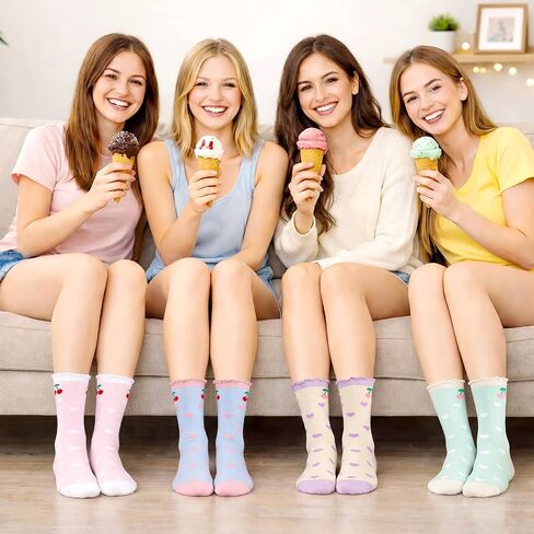 Glitopper 6 Pairs Cute Ruffle Fruit Socks Novelty Cherry and Heart Design Colorful Turn-cuff Frilly Trim Crew Cotton Funny Patterns Dress Socks for Women Ladies Family Friends in Kuwait