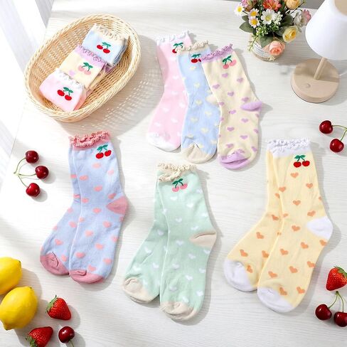 Glitopper 6 Pairs Cute Ruffle Fruit Socks Novelty Cherry and Heart Design Colorful Turn-cuff Frilly Trim Crew Cotton Funny Patterns Dress Socks for Women Ladies Family Friends in Kuwait