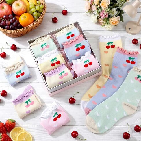 Glitopper 6 Pairs Cute Ruffle Fruit Socks Novelty Cherry and Heart Design Colorful Turn-cuff Frilly Trim Crew Cotton Funny Patterns Dress Socks for Women Ladies Family Friends in Kuwait