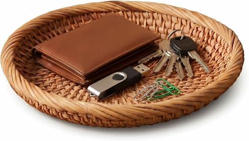 1 Pcs Round Keys Basket Handwoven Rattan Small Key Bowl Small Woven Wicker Basket Round Entryway Organize Baskets for Key Wallet Cell Phone Fruit Food Holder Decorative Table Storage in Saudi Arabia