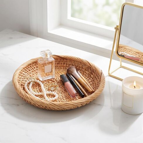1 Pcs Round Keys Basket Handwoven Rattan Small Key Bowl Small Woven Wicker Basket Round Entryway Organize Baskets for Key Wallet Cell Phone Fruit Food Holder Decorative Table Storage in Saudi Arabia