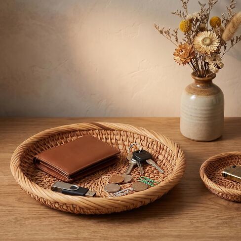 1 Pcs Round Keys Basket Handwoven Rattan Small Key Bowl Small Woven Wicker Basket Round Entryway Organize Baskets for Key Wallet Cell Phone Fruit Food Holder Decorative Table Storage in Saudi Arabia
