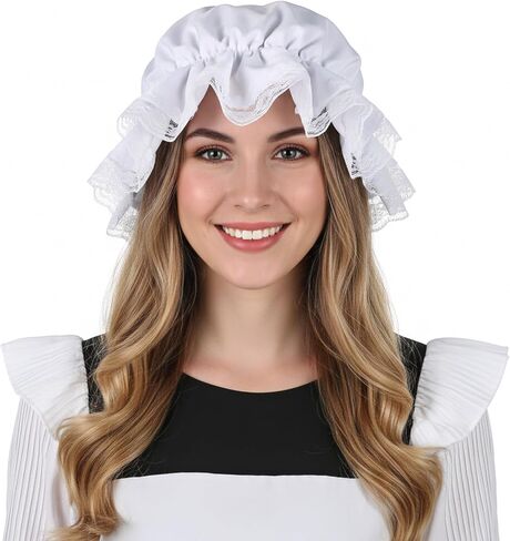 Tucnoeu White Colonial Hat, Elastic Colonial Mop Cap Halloweens Costume Bonnets Colonial Costume Pilgrim Hats Traditional Bonnet Mop Cap Pilgrim Costume in Kuwait