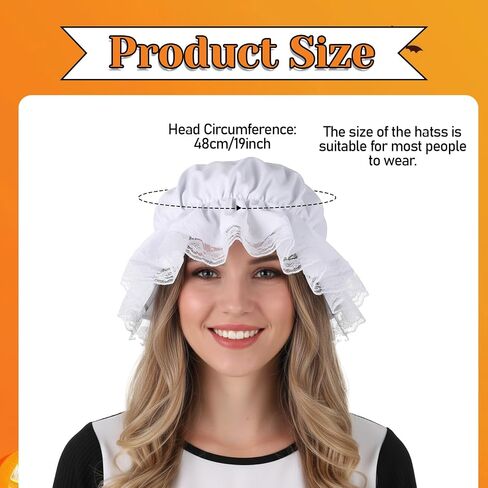 Tucnoeu White Colonial Hat, Elastic Colonial Mop Cap Halloweens Costume Bonnets Colonial Costume Pilgrim Hats Traditional Bonnet Mop Cap Pilgrim Costume in Kuwait