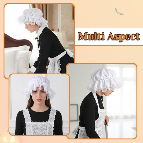 Tucnoeu White Colonial Hat, Elastic Colonial Mop Cap Halloweens Costume Bonnets Colonial Costume Pilgrim Hats Traditional Bonnet Mop Cap Pilgrim Costume in Kuwait