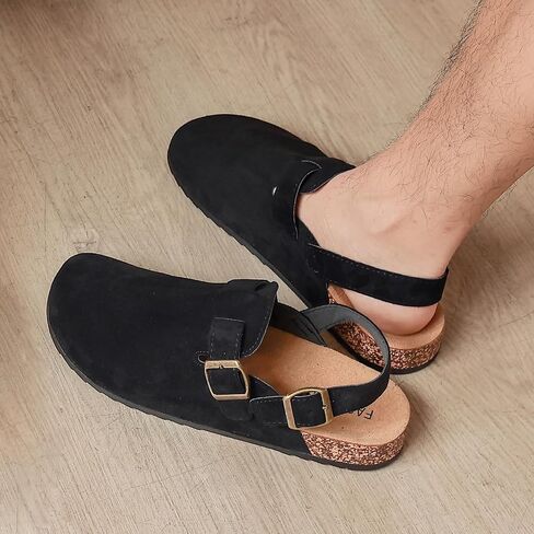 Men's Suede Clogs with Back Strap Adjustable Cork Footbed Leather Mules Clogs for Women Comfort Memory Foam Slingback Clog Sandal with Buckle Slip on Potato Shoes (US Size 11 Women/10 Men) in Saudi Arabia