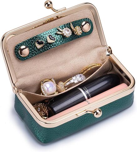 Genuine Leather Travel Jewelry Box, Mini Jewelry Organizer Case with Mirror for Women, Small Lipstick Bag for Purse, Cute Portable Gift for Her women giril (Black, Mirror) in Kuwait