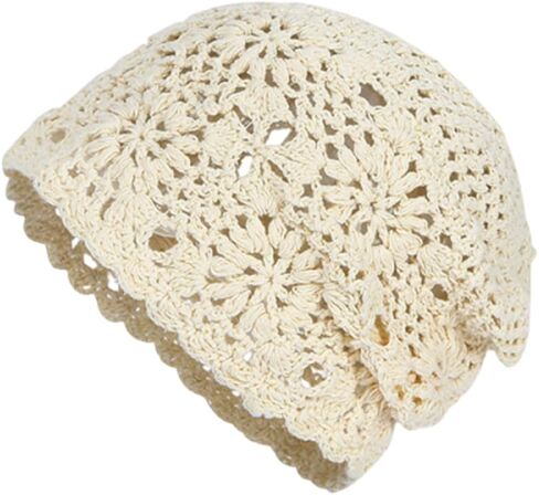Women Crochet Beanie Hat Summer Cotton Knit Cutout Floral Skull Cap with Flower Accent Handmade Hats in Saudi Arabia