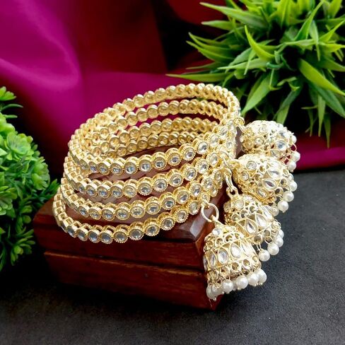 Efulgenz Indian Bollywood Traditional Rhinestone Crystal Wedding Jhumka Tassel Bracelet Bangle Set Jewelry in Kuwait