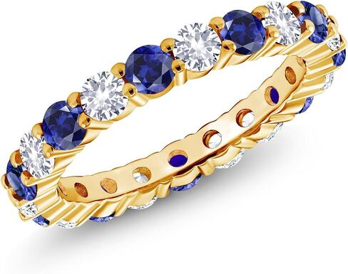 Gem Stone King 18K Yellow Gold Plated Silver Round Blue and White Created Sapphire Eternity Band Ring For Women | 2.70 Cttw | Gemstone Birthstone | Available In Size 5, 6, 7, 8, 9 in Kuwait