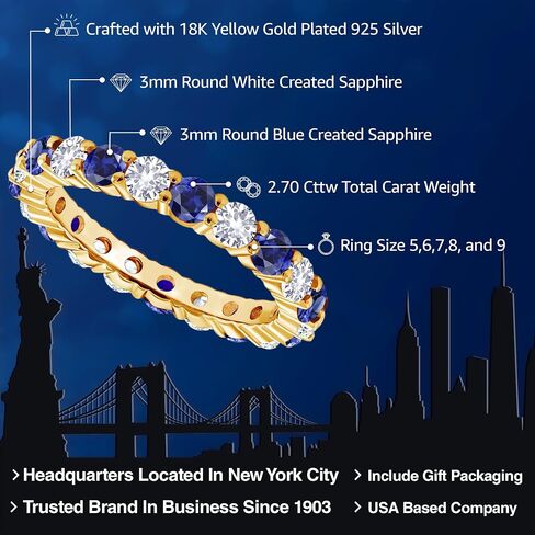 Gem Stone King 18K Yellow Gold Plated Silver Round Blue and White Created Sapphire Eternity Band Ring For Women | 2.70 Cttw | Gemstone Birthstone | Available In Size 5, 6, 7, 8, 9 in Kuwait