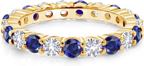 Gem Stone King 18K Yellow Gold Plated Silver Round Blue and White Created Sapphire Eternity Band Ring For Women | 2.70 Cttw | Gemstone Birthstone | Available In Size 5, 6, 7, 8, 9 in Kuwait