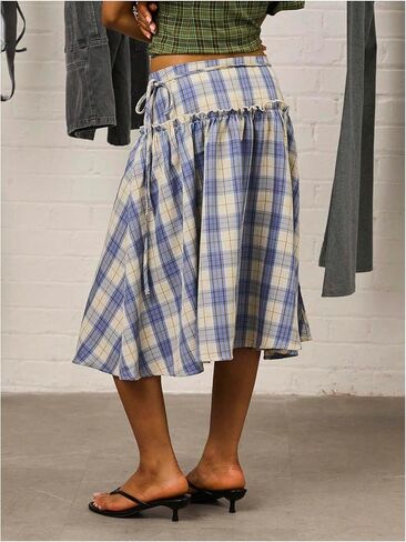 Verdusa Women's Drop Waist Skirt Plaid Print Midi Summer Skirt Loose Fit in Kuwait