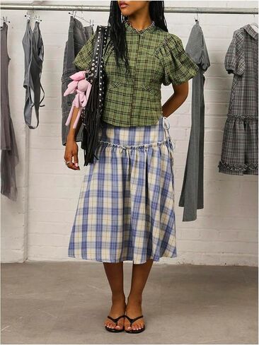 Verdusa Women's Drop Waist Skirt Plaid Print Midi Summer Skirt Loose Fit in Kuwait