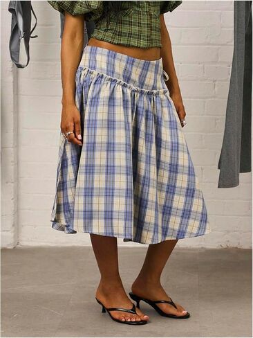 Verdusa Women's Drop Waist Skirt Plaid Print Midi Summer Skirt Loose Fit in Kuwait