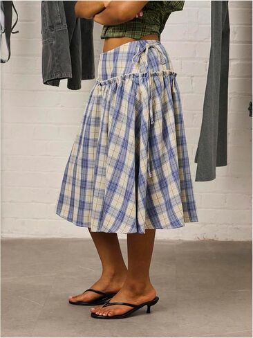 Verdusa Women's Drop Waist Skirt Plaid Print Midi Summer Skirt Loose Fit in Kuwait