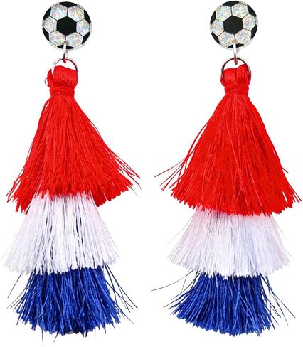 Soccer Ball Stud 4th of July USA Dangle Earrings for Women, USA Flag Patriotic Football Earring, Layered Red White Blue Tassel Statement Earrings Independence Day Celebration Accessories in Saudi Arabia