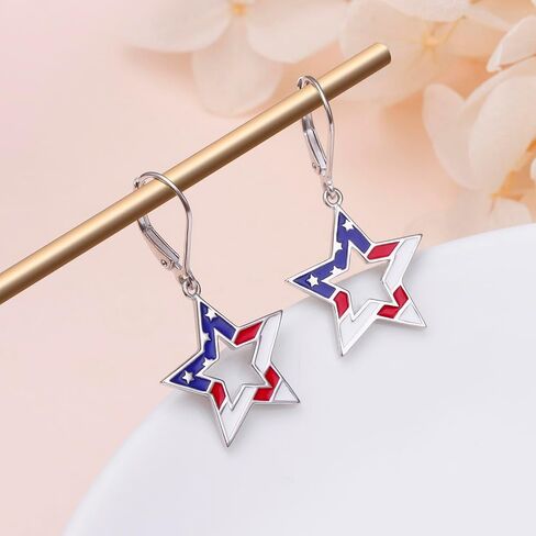 American Flag Earrings for Women 925 Sterling Silver Red White Blue Star 4th of July Patriotic Dangle Earrings USA Independence Day Patriots Jewelry for Women Friend Wife Daughters in Kuwait