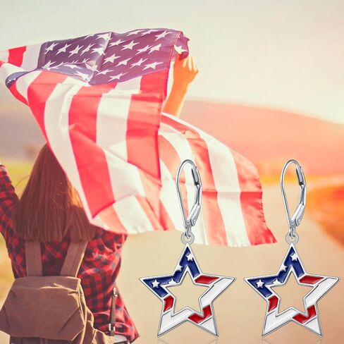 American Flag Earrings for Women 925 Sterling Silver Red White Blue Star 4th of July Patriotic Dangle Earrings USA Independence Day Patriots Jewelry for Women Friend Wife Daughters in Kuwait