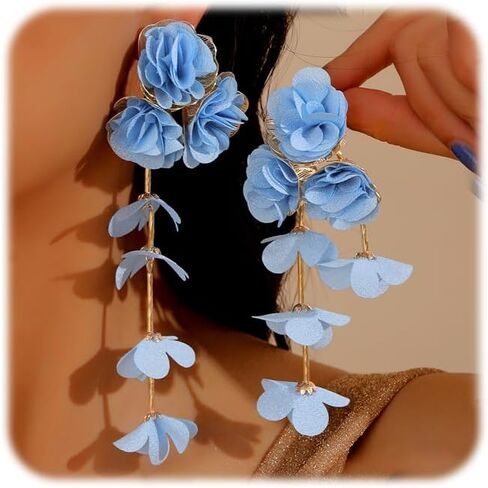 Fabric Flower Earrings for Women Colorful Long Tassel Floral Drop Earrings Fashion Boho Exaggerated Statement Beach Party Jewelry in Kuwait