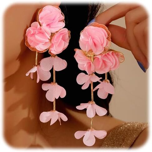 Fabric Flower Earrings for Women Colorful Long Tassel Floral Drop Earrings Fashion Boho Exaggerated Statement Beach Party Jewelry in Saudi Arabia