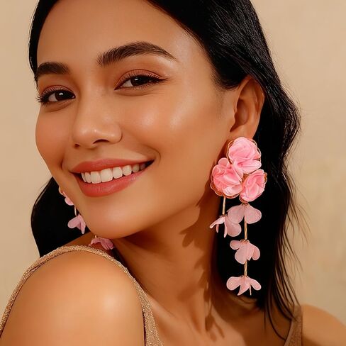 Fabric Flower Earrings for Women Colorful Long Tassel Floral Drop Earrings Fashion Boho Exaggerated Statement Beach Party Jewelry in Saudi Arabia