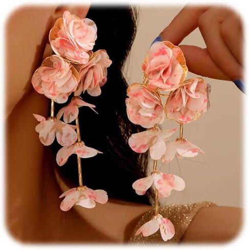 Fabric Flower Earrings for Women Colorful Long Tassel Floral Drop Earrings Fashion Boho Exaggerated Statement Beach Party Jewelry in Saudi Arabia