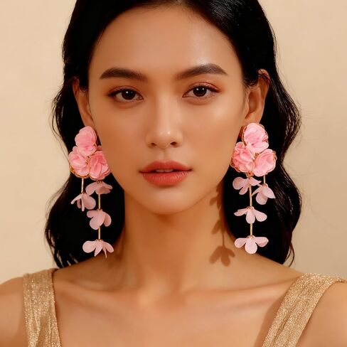 Fabric Flower Earrings for Women Colorful Long Tassel Floral Drop Earrings Fashion Boho Exaggerated Statement Beach Party Jewelry in Saudi Arabia