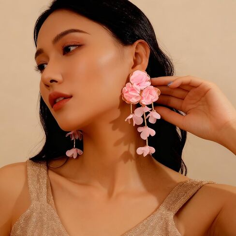 Fabric Flower Earrings for Women Colorful Long Tassel Floral Drop Earrings Fashion Boho Exaggerated Statement Beach Party Jewelry in Saudi Arabia