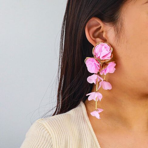Fabric Flower Earrings for Women Colorful Long Tassel Floral Drop Earrings Fashion Boho Exaggerated Statement Beach Party Jewelry in Saudi Arabia
