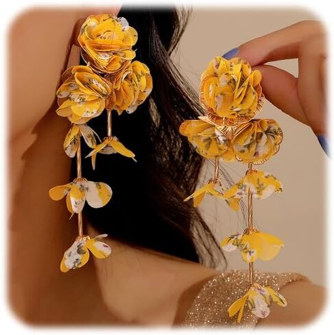 Fabric Flower Earrings for Women Colorful Long Tassel Floral Drop Earrings Fashion Boho Exaggerated Statement Beach Party Jewelry in Saudi Arabia