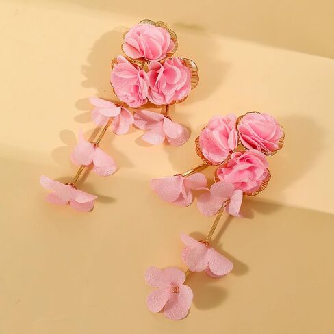 Fabric Flower Earrings for Women Colorful Long Tassel Floral Drop Earrings Fashion Boho Exaggerated Statement Beach Party Jewelry in Saudi Arabia