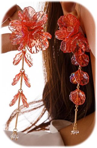 Fabric Flower Earrings for Women Colorful Long Tassel Floral Drop Earrings Fashion Boho Exaggerated Statement Beach Party Jewelry in Saudi Arabia