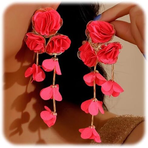 Fabric Flower Earrings for Women Colorful Long Tassel Floral Drop Earrings Fashion Boho Exaggerated Statement Beach Party Jewelry in Saudi Arabia