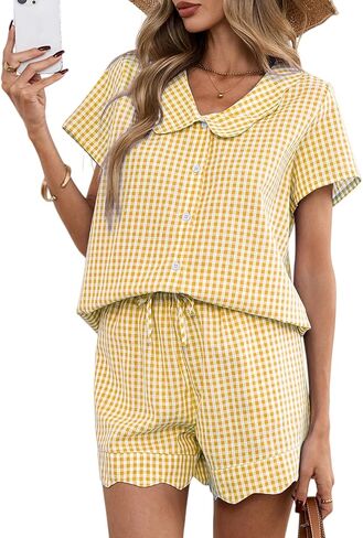 HOTIAN Womens Gingham Pajamas Set Summer Scalloped Collar 2 Piece Shirt&Shorts Lounge Pj Sets Outfits in Saudi Arabia