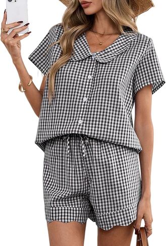 HOTIAN Womens Gingham Pajamas Set Summer Scalloped Collar 2 Piece Shirt&Shorts Lounge Pj Sets Outfits in Saudi Arabia
