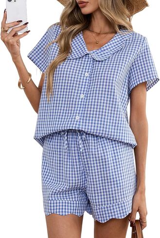 HOTIAN Womens Gingham Pajamas Set Summer Scalloped Collar 2 Piece Shirt&Shorts Lounge Pj Sets Outfits in Saudi Arabia