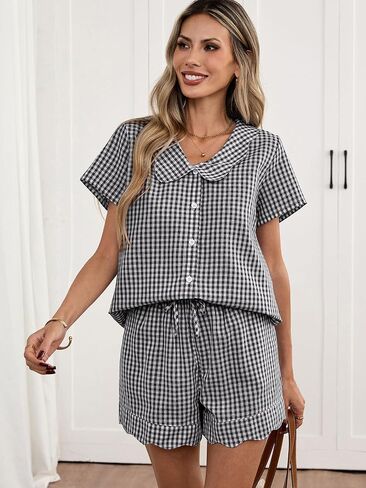 HOTIAN Womens Gingham Pajamas Set Summer Scalloped Collar 2 Piece Shirt&Shorts Lounge Pj Sets Outfits in Saudi Arabia