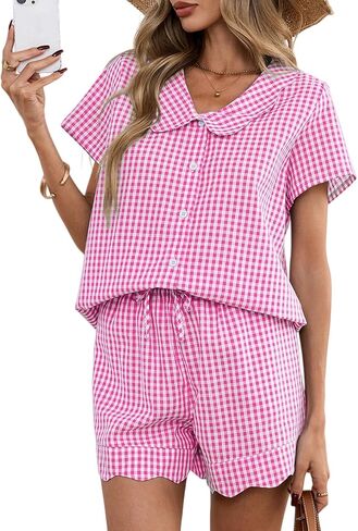 HOTIAN Womens Gingham Pajamas Set Summer Scalloped Collar 2 Piece Shirt&Shorts Lounge Pj Sets Outfits in Saudi Arabia