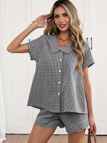 HOTIAN Womens Gingham Pajamas Set Summer Scalloped Collar 2 Piece Shirt&Shorts Lounge Pj Sets Outfits in Saudi Arabia