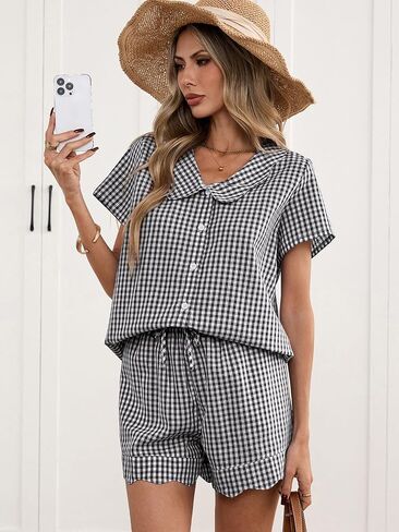 HOTIAN Womens Gingham Pajamas Set Summer Scalloped Collar 2 Piece Shirt&Shorts Lounge Pj Sets Outfits in Saudi Arabia