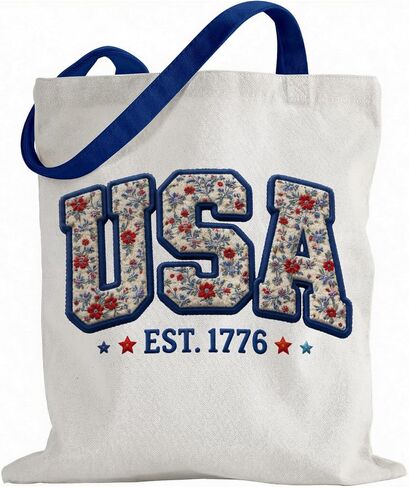 250th Anniversary Imitation 3D Embroidered USA Canvas Tote Bag for Men Women, EST 1776 Patriotic Floral Design 4th of July Reusable Grocery Shoulder Bag for Shopping School Party Parade Celebration in Kuwait