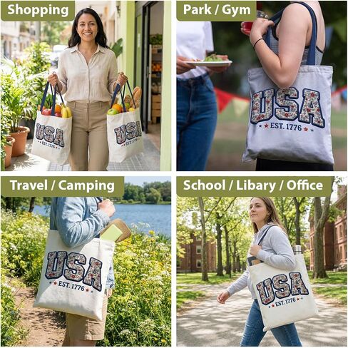 250th Anniversary Imitation 3D Embroidered USA Canvas Tote Bag for Men Women, EST 1776 Patriotic Floral Design 4th of July Reusable Grocery Shoulder Bag for Shopping School Party Parade Celebration in Kuwait
